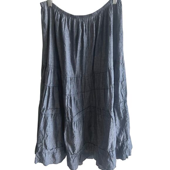 Boho Tiered Midi Skirt Chambray Blue 14 Ruffle Hem Elastic‎ Waist Cottagecore - Picture 1 of 4